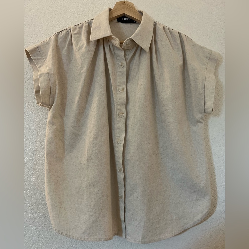 Cider Light Beige Linen Blend‎ Button-Up Blouse Ladies Large